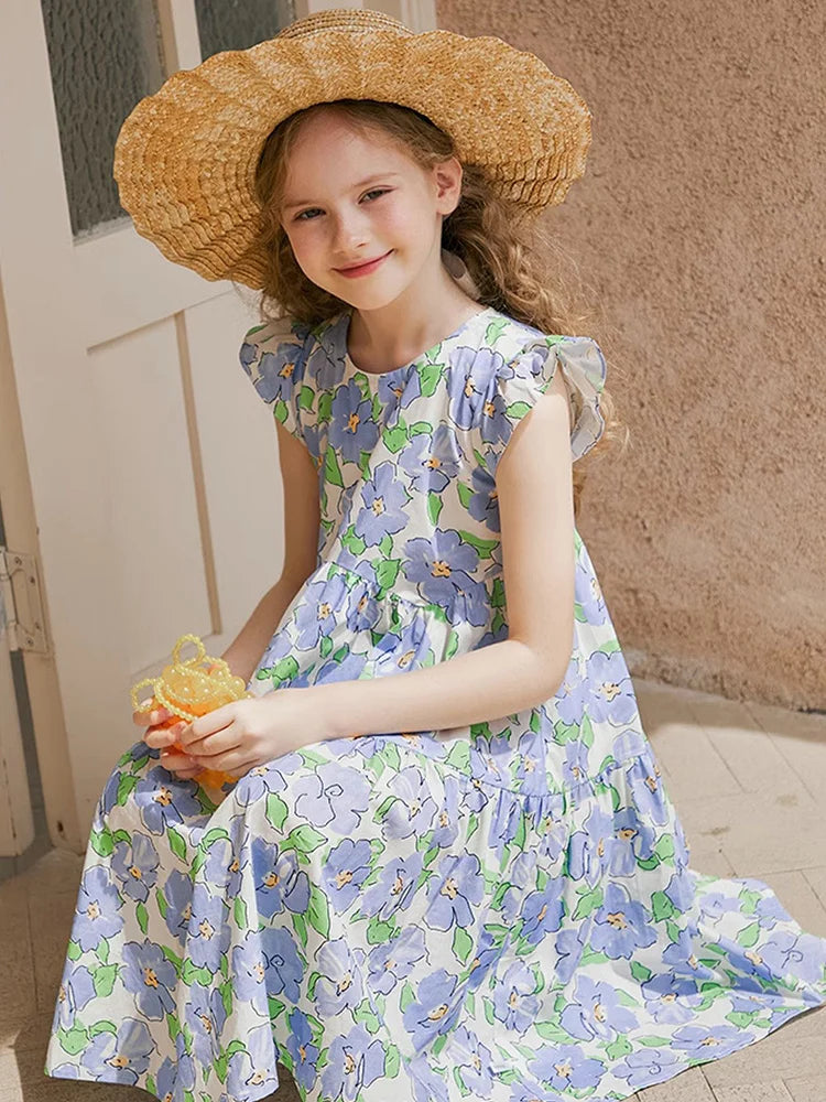 Langärmliges Prinzessinnenkleid aus Gaze in Tiefblau und Rot für Mädchen – Perfekt für Geburtstagsfeiern und Hochzeiten (3-14 Jahre)
