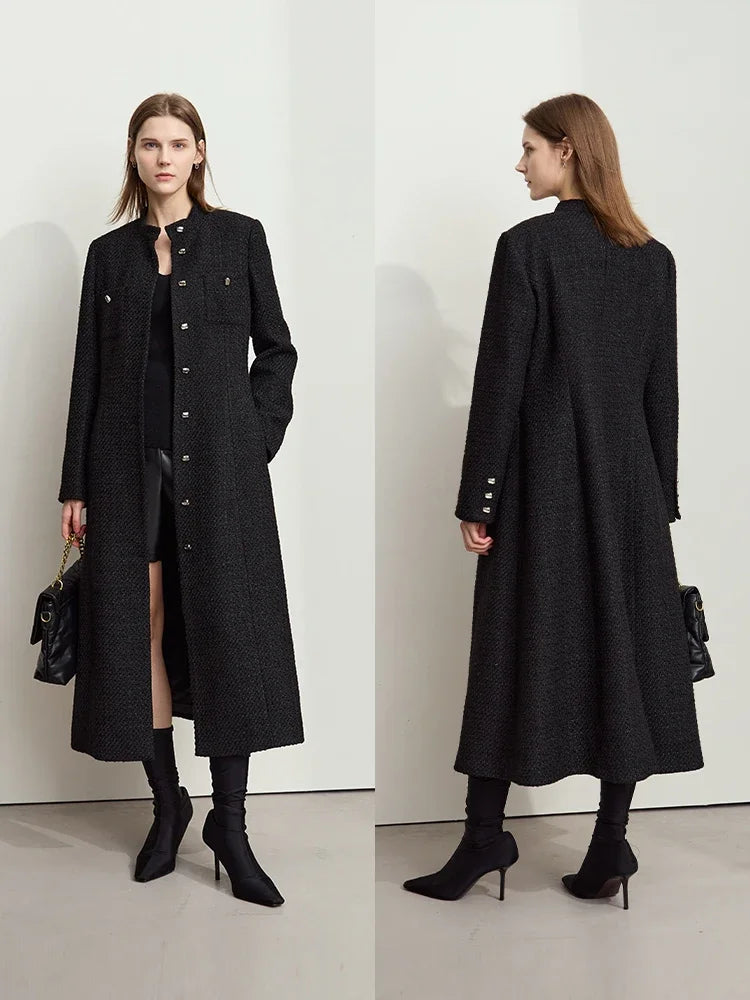 Damen Tweed-Wollmantel mit elegantem Stehkragen und Metallknopf für den Winter