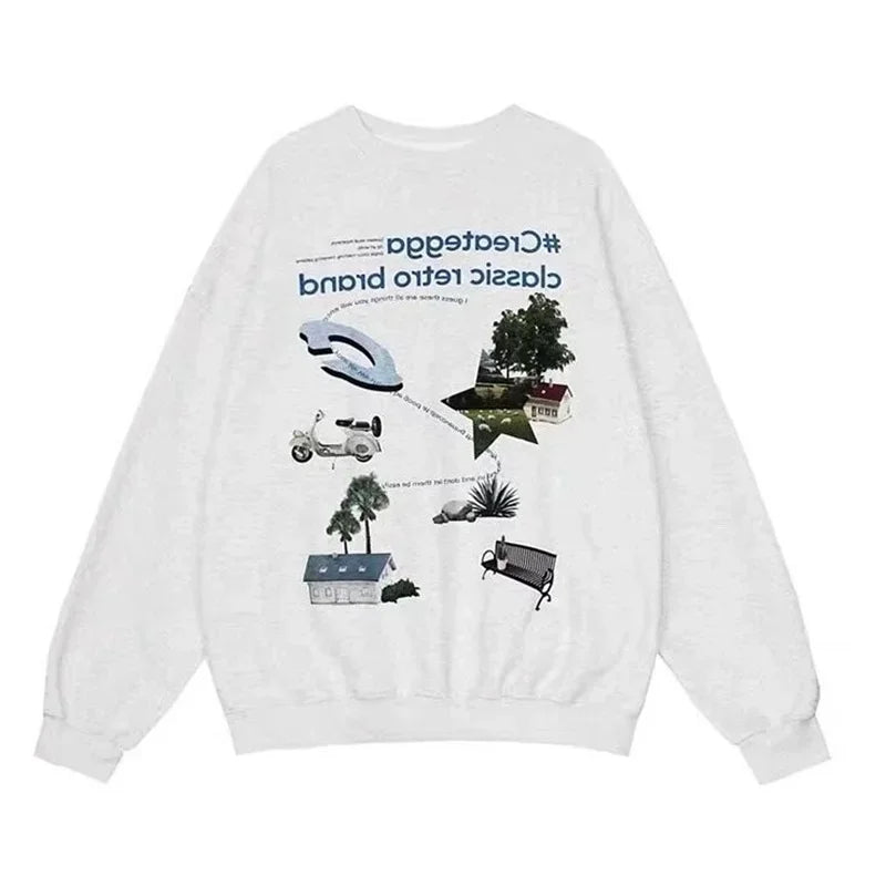 Herbst y2k Vintage Grey Print Sweatshirts für Männer neue übergroße Crewneck Pullover Hoodies High Street Sudaredaras Hombre