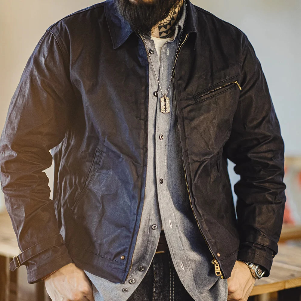 Herren Jacke Vintage IV Oil Waxed Canvas Revers Reißverschluss Taschen