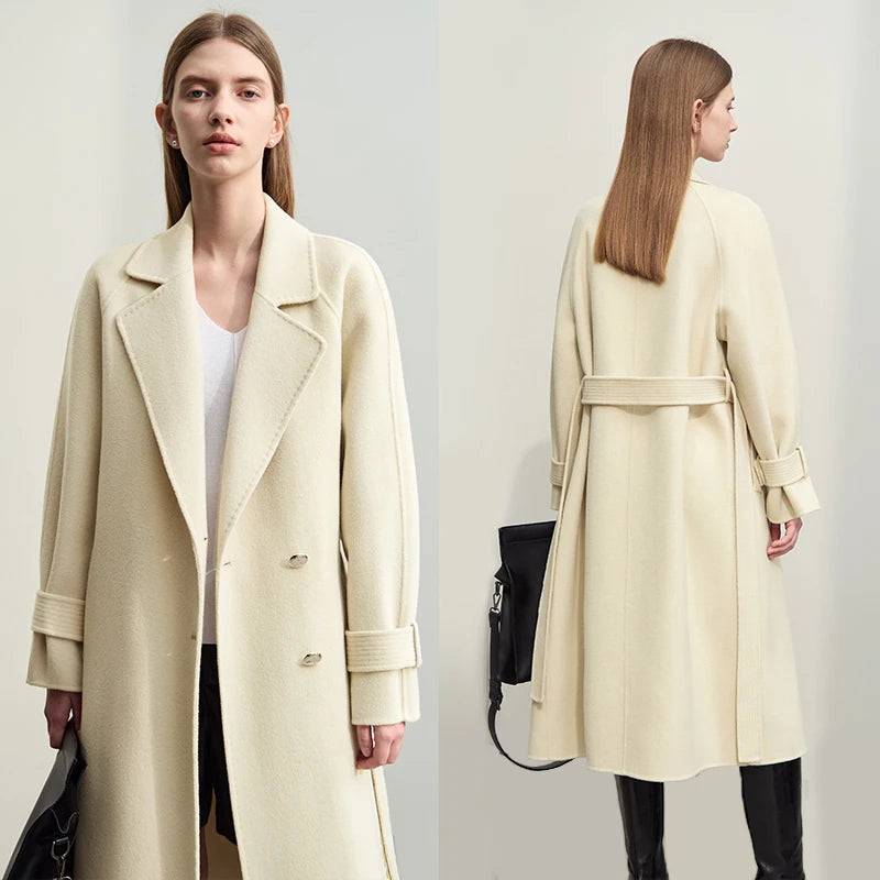 Damen Wollmantel im minimalistischen Design mit langem Gürtel und Raglanärmeln