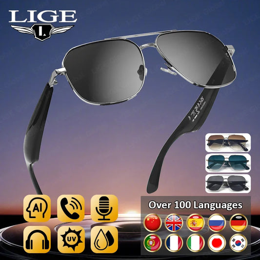 LIGE Intelligente Bluetooth-Brille AI Intelligente Übersetzung Echtzeit-Simultan-Interpretation Headset Drahtlose Anruf-Sonnenbrille