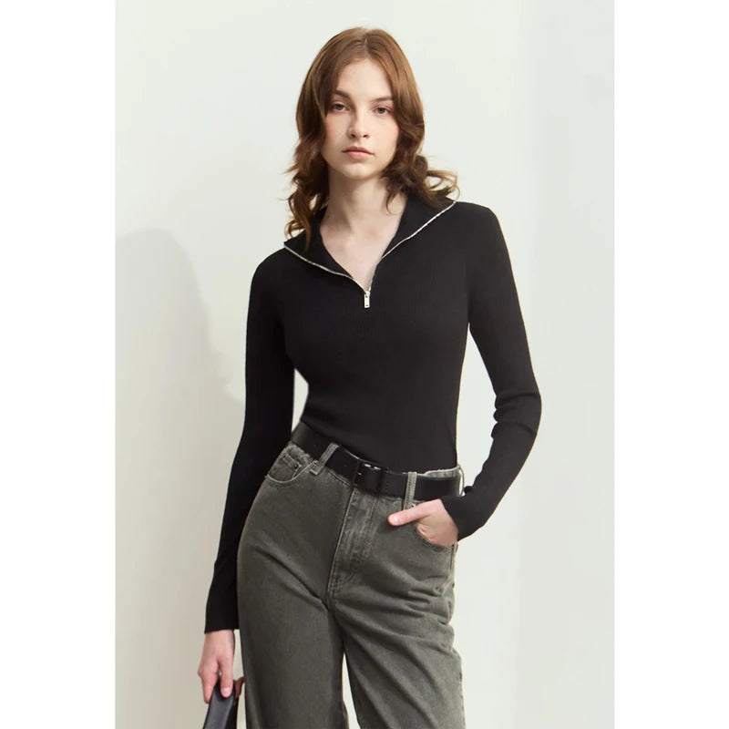 Damen-Strickjacke mit Stehkragen und Reißverschluss, schwarz, schmaler Schnitt