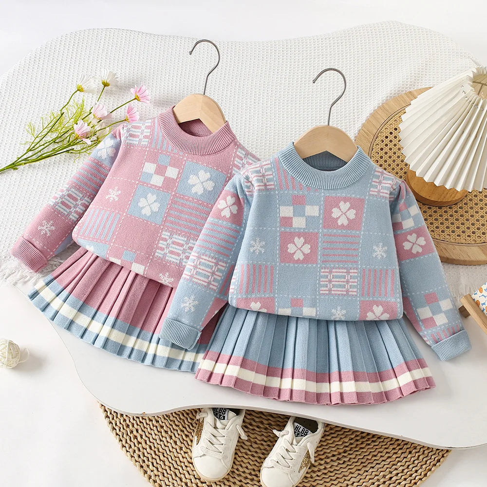 Mädchen Kleidung Set mit O-Neck Stricken Tops und Falten Röcken