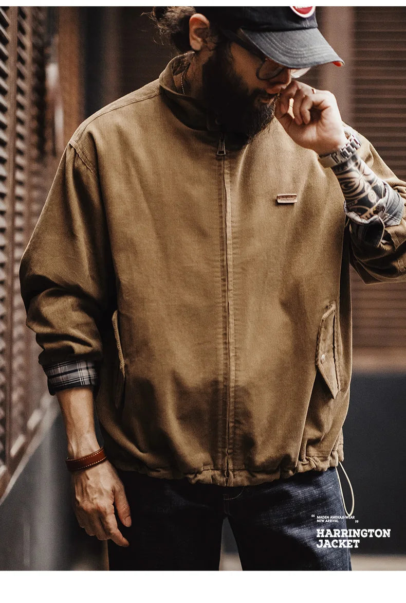 Herren Retro Cord Jacke mit Stehkragen und lässigen Taschen für Herbst