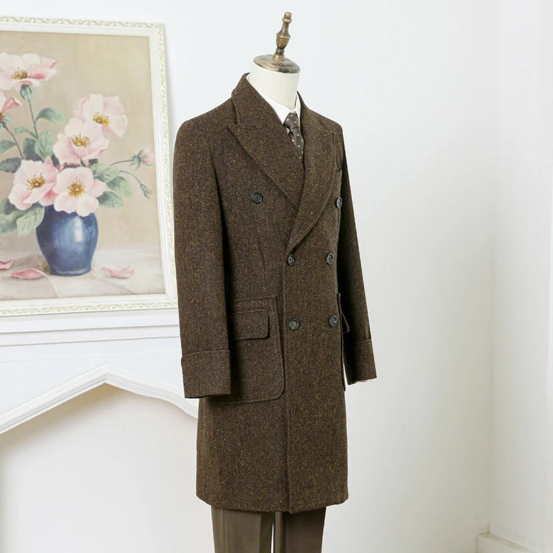 Herren Tweed Mantel im Business Style mit gesprenkeltem Muster und Zweireiher