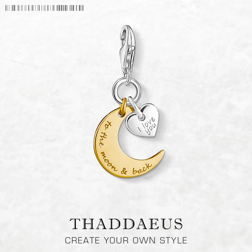 Mond- und Herz-Charm mit Karabiner, silberner Halbmond, Herz mit „love you“