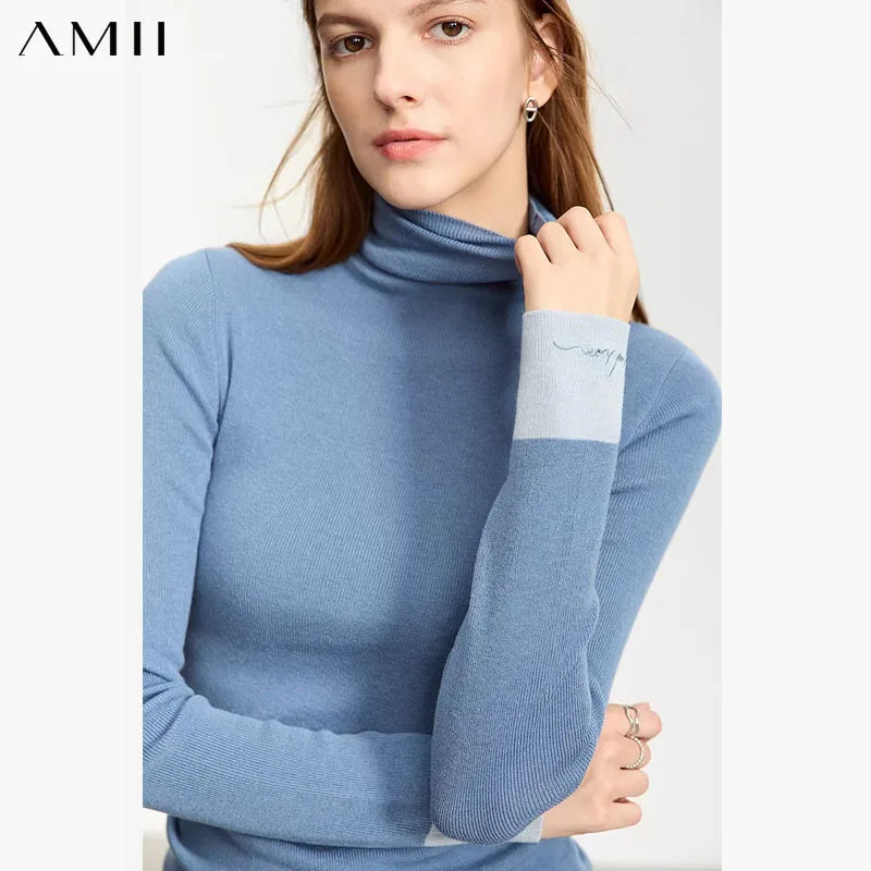Damen-Rollkragenpullover Wolle Slim Patchwork-Splicing Herbst-Winter