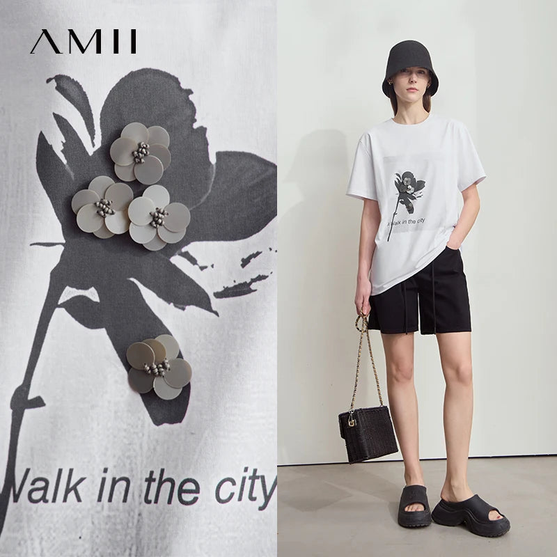Damen T-Shirt mit minimalistischem O-Ausschnitt und Pailletten-Verzierung