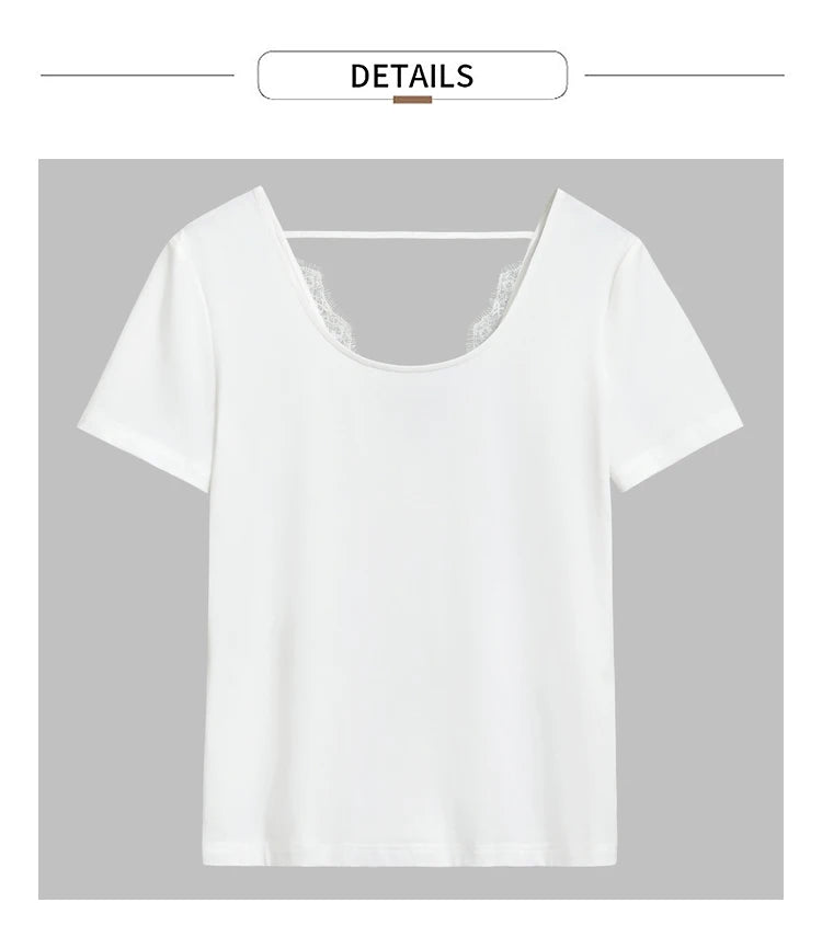 Damen T-Shirt aus mercerisierter Baumwolle mit V-Ausschnitt und Spitzen-Detail