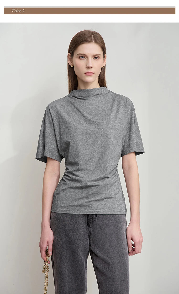 Damen T-Shirt im minimalistischen Sommer-Stil mit solidem Rollkragen und Kurzarm