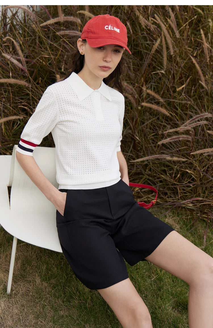 Damen Pullover im Minimalismus-Stil mit Polo-Ausschnitt und Kontrastfarben