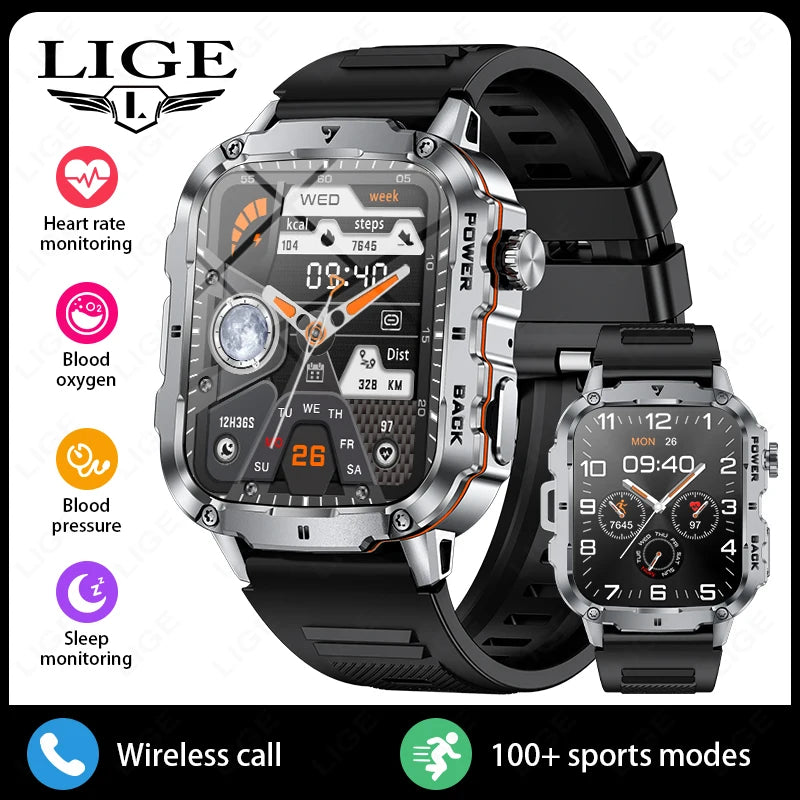 LIGE Outdoor Militär Sport Smart Uhr Männer Frauen Fitness Track Herzfrequenz Blut Sauerstoff Wasserdicht BT Anruf 1,95-Zoll Smartwatch
