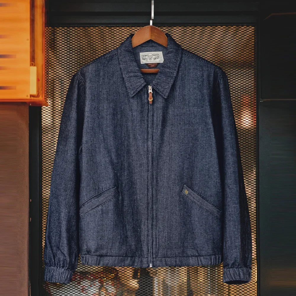 Herren Vintage-Jeansjacke Lockere Passform Revers-Reißverschlussjacke Kurze Blaue Mäntel