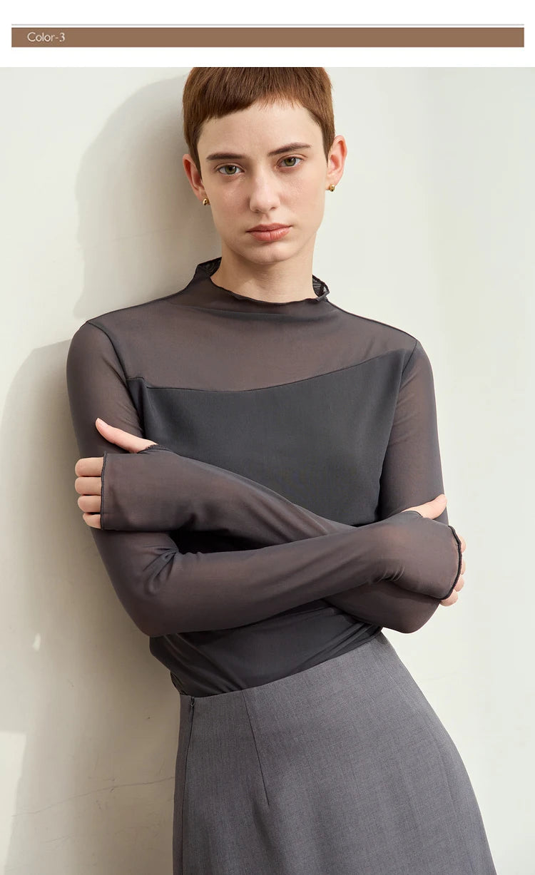 Damen Mesh-T-Shirt im minimalistischen Design mit halbhohem Ausschnitt