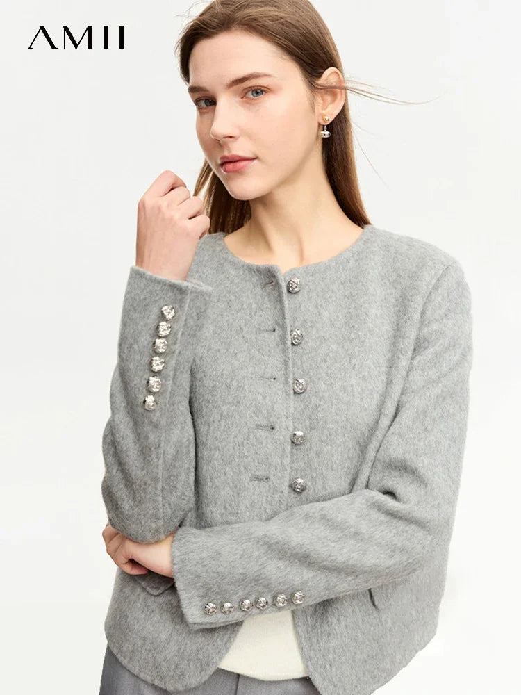 Damen Wolljacke aus Luxus-Tweed im Vintage-Stil mit Knopf und Taschen