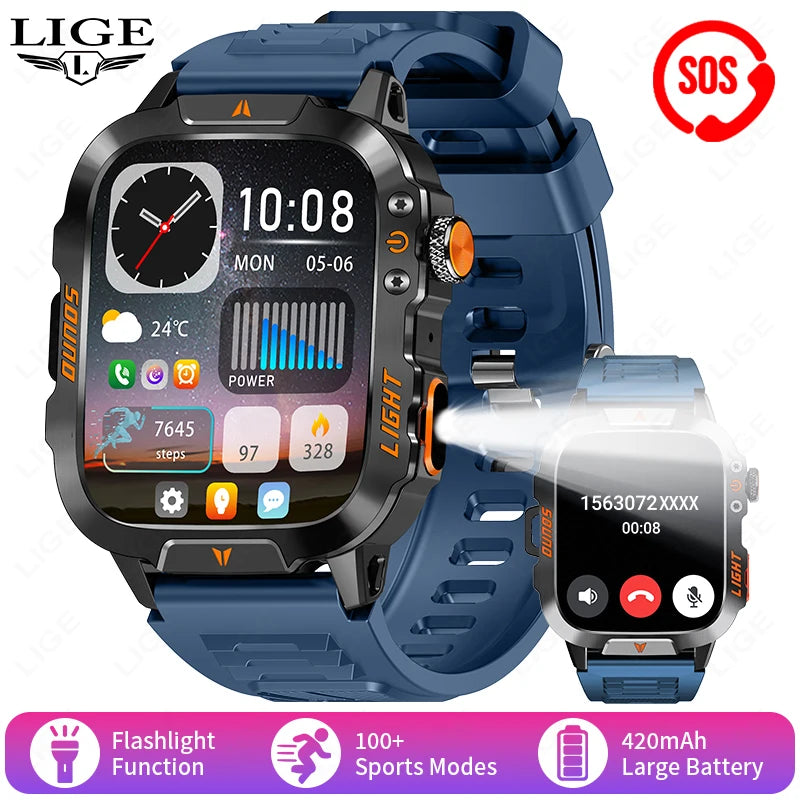 LIGE Neue LED Taschenlampe Outdoor Smart Uhr 420 mAh Batterie Wasserdicht 100 + Sport Herzfrequenz Sprachanruf 1,96 "HD Smartwatch Männer