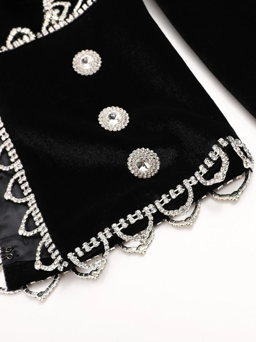 Elegantes Damen-Zweiteiler-Set mit V-Ausschnitt, langen Ärmeln und Perlenverzierung – Patchwork-Top mit Knöpfen und hoch taillierte Hose