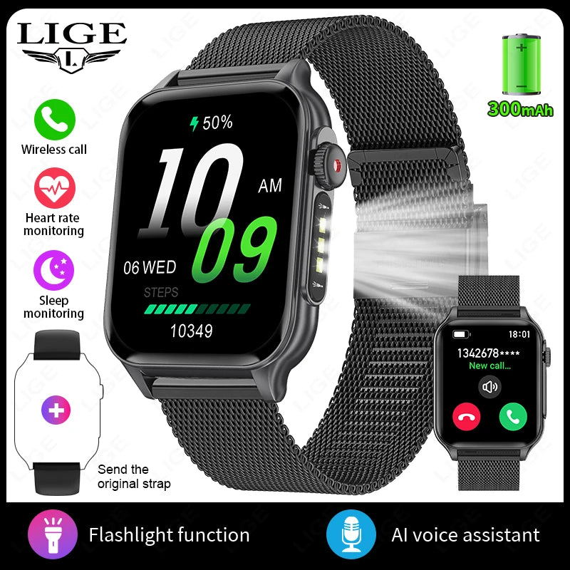 LIGE Neue Für Huawei Xiaomi Smart Uhr Männer Taschenlampe Wasserdichte Outdoor Sport Tracker Bluetooth Anruf Smartwatch 1,96 "bildschirm