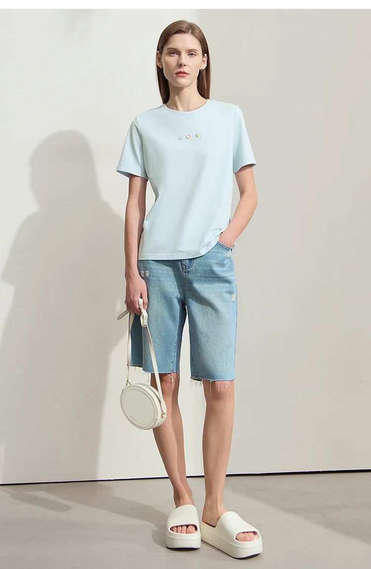 Damen T-Shirt mit O-Ausschnitt und geometrischer Dekoration aus antibakterieller Baumwolle