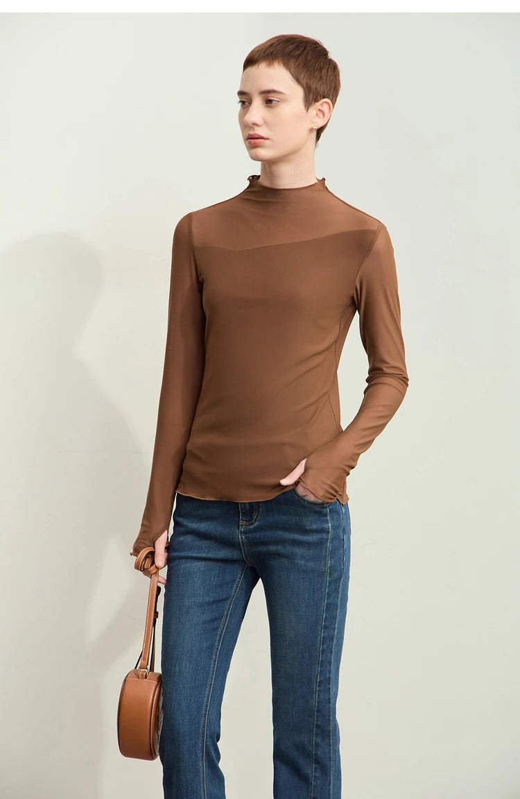 Damen Mesh-T-Shirt im minimalistischen Design mit halbhohem Ausschnitt
