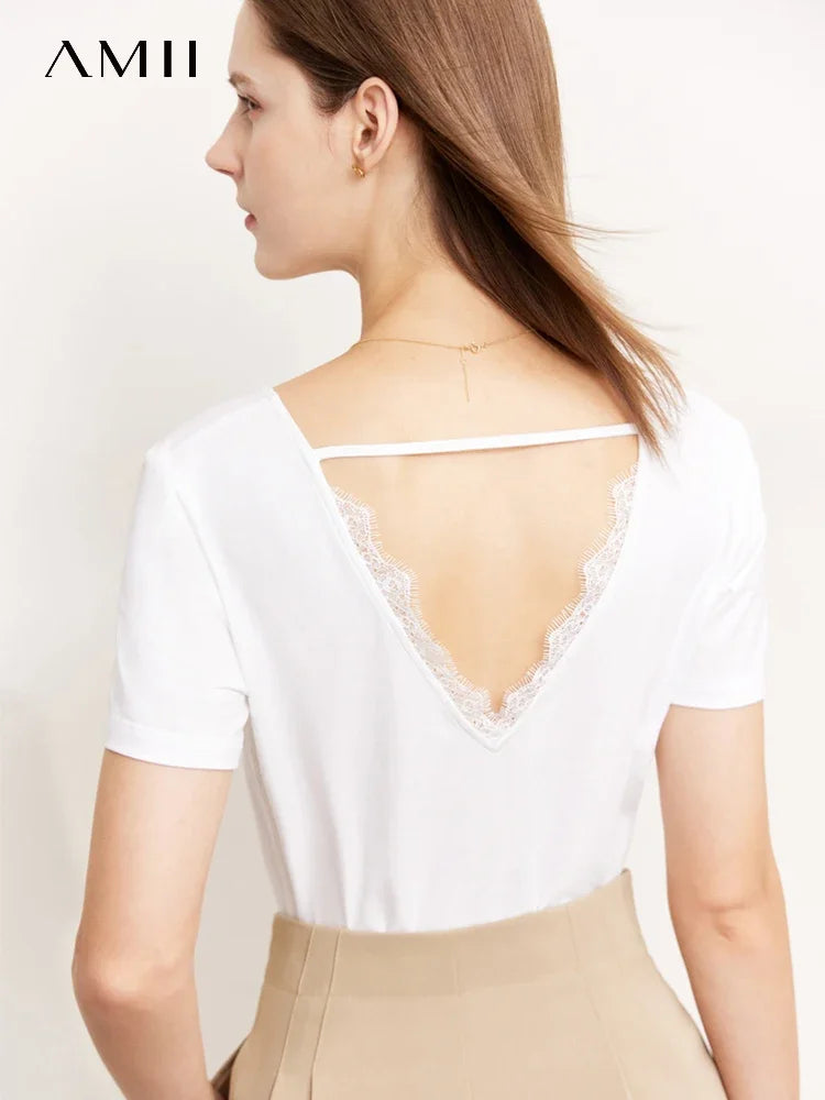 Damen T-Shirt aus mercerisierter Baumwolle mit V-Ausschnitt und Spitzen-Detail