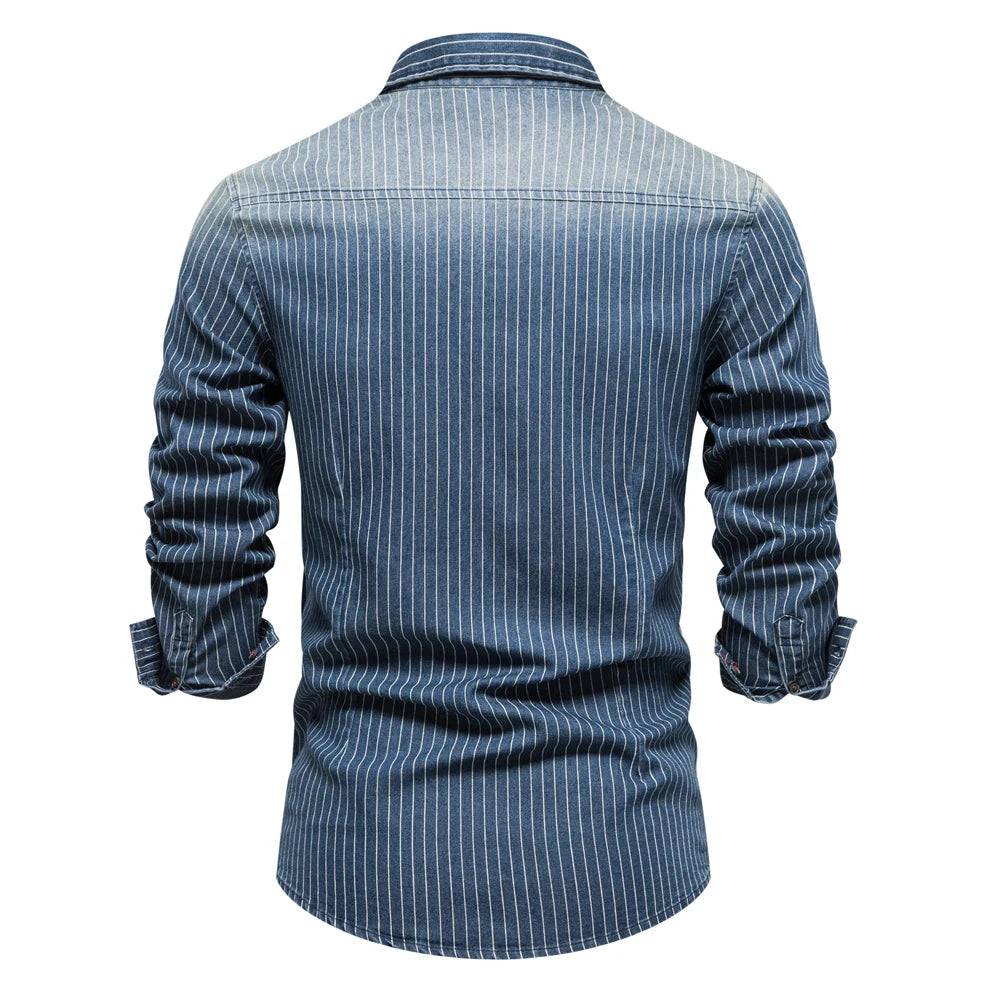 Herren Denim Shirts aus Baumwolle mit Streifen und langem Arm