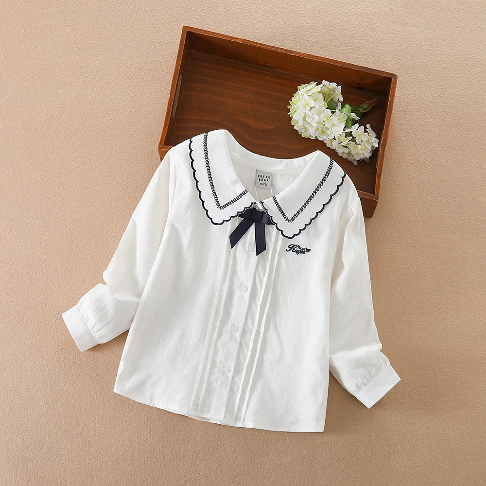 Mädchen weißes Hemd für Kinder Frühling Herbst koreanische Mode Kinder lang ärmel ige süße Schleife T-Shirt Baumwolle lässige Top-Kleidung
