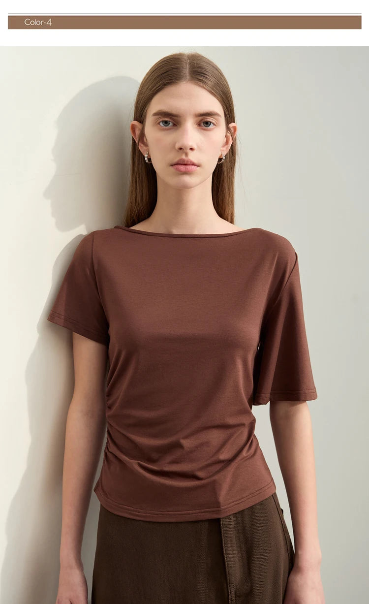 Damen T-Shirt im Minimalismus-Stil mit asymmetrischem Slash Neck und Raffen