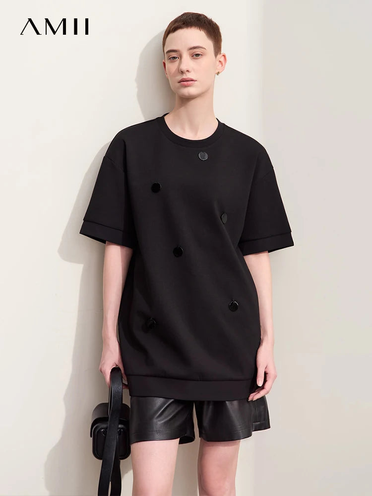 Damen T-Shirts im Minimalismus-Stil mit losem Patchwork und Dekoration