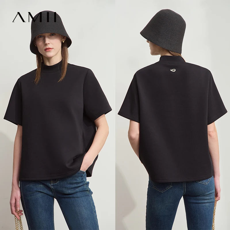 Damen Casual T-Shirt mit Gedrucktem Rollkragen und Kurzarm für den Sommer
