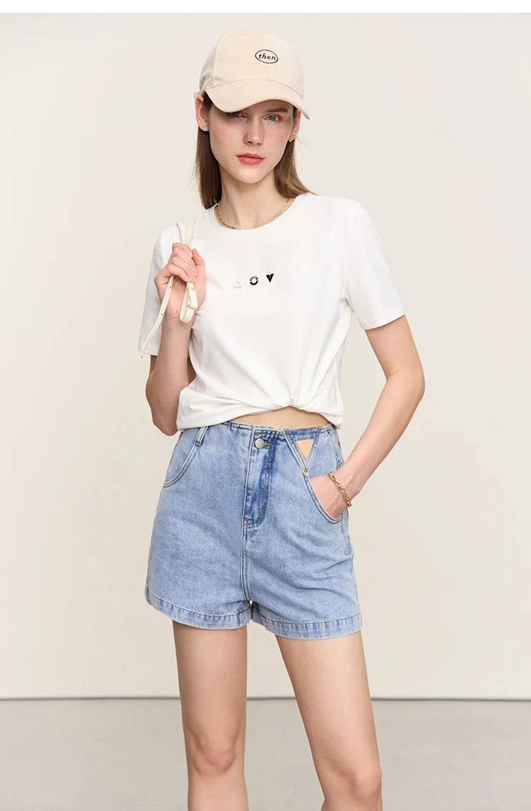 Damen T-Shirt mit O-Ausschnitt und geometrischer Dekoration aus antibakterieller Baumwolle
