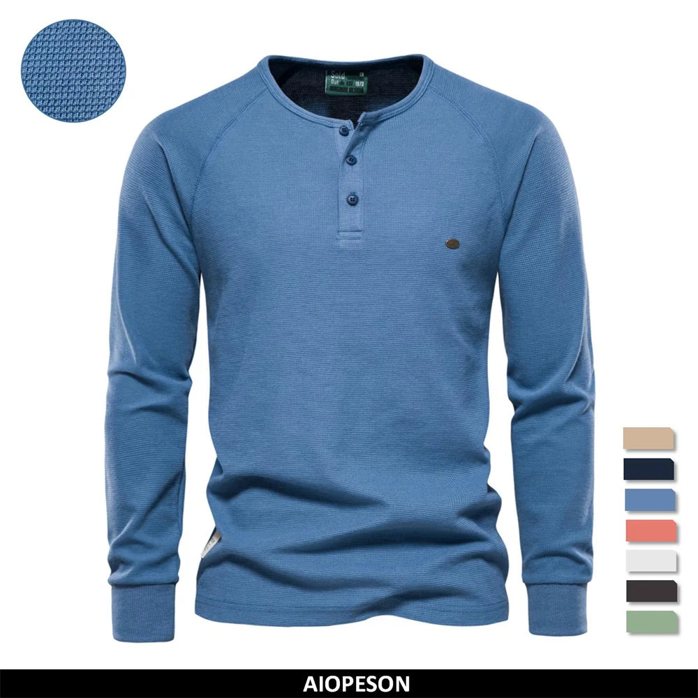 Herren Langarm Waffel Henley T-Shirt in fester Farbe für den Herbst
