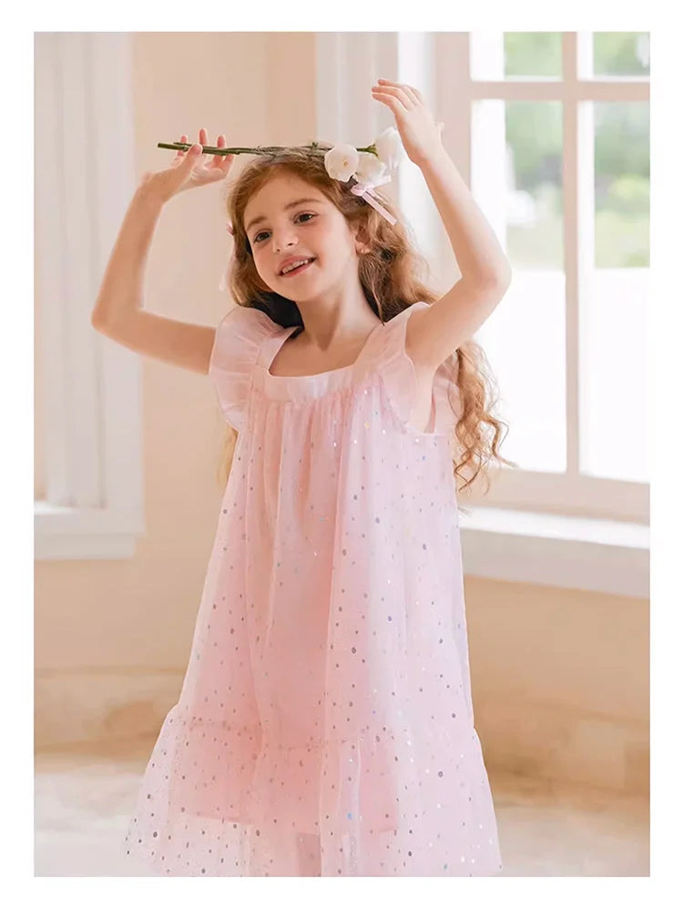Rosa Prinzessinnen-Kleid für Mädchen mit Pailletten und Gaze – Sommerliches Partykleid für Kinder von 3 bis 12 Jahren