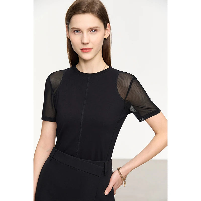 Damen T-Shirt aus mercerisierter Baumwolle mit kurzen Ärmeln im minimalistischen Stil
