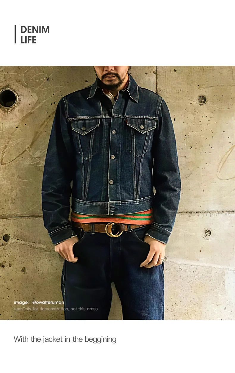 Herren Jeansjacke Vintage 14,8 Unzen Denim Klassisch Slim Fit Mantel
