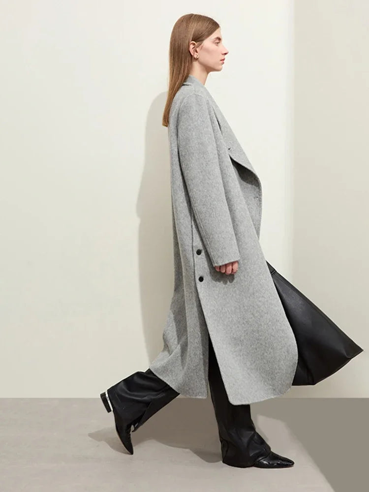 Damen Wollmantel im Minimalistischen Stil mit Stehkragen und Doppelseitigem Schlitz