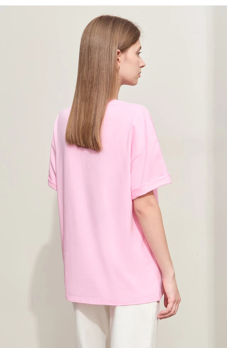 Damen T-Shirts im Minimalismus-Stil mit Stickerei und lässigen Ärmeln