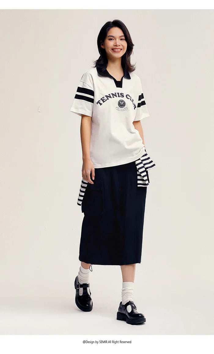 Semir Polo Shirt Frauen mittellange Baumwolle Buchstaben gedruckt Mode Sommer neue lose Kleidung College-Stil