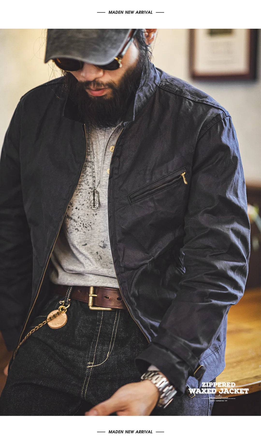 Herren Jacke Vintage IV Oil Waxed Canvas Revers Reißverschluss Taschen