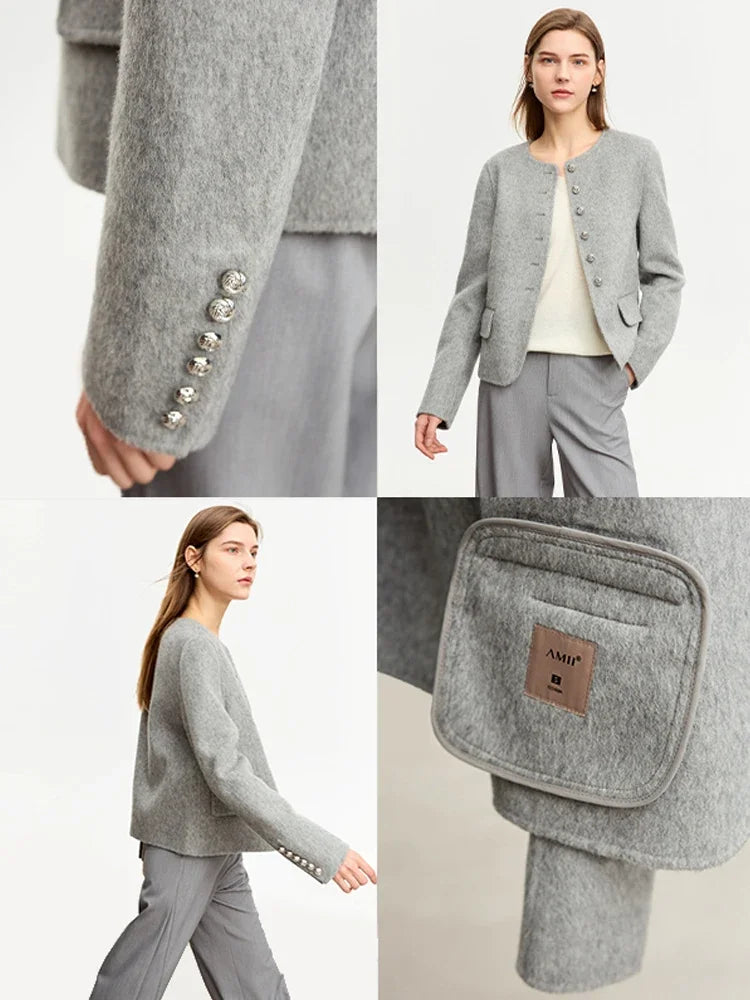 Damen Wolljacke aus Luxus-Tweed im Vintage-Stil mit Knopf und Taschen