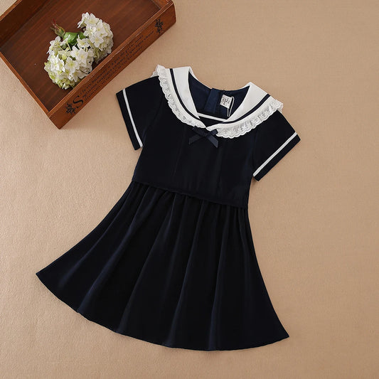 Mädchen-Sommerkleid, 100 % Baumwolle, marineblaue Kleidung für Kinder im Alter von 2–6 Jahren, mit weißem Kragen, kurzen Ärmeln, Kinderkleider