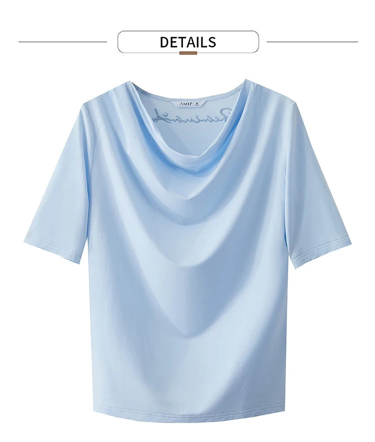 Damen T-Shirt mit drapierter Kragen- und besticktem Design aus modalem Strick