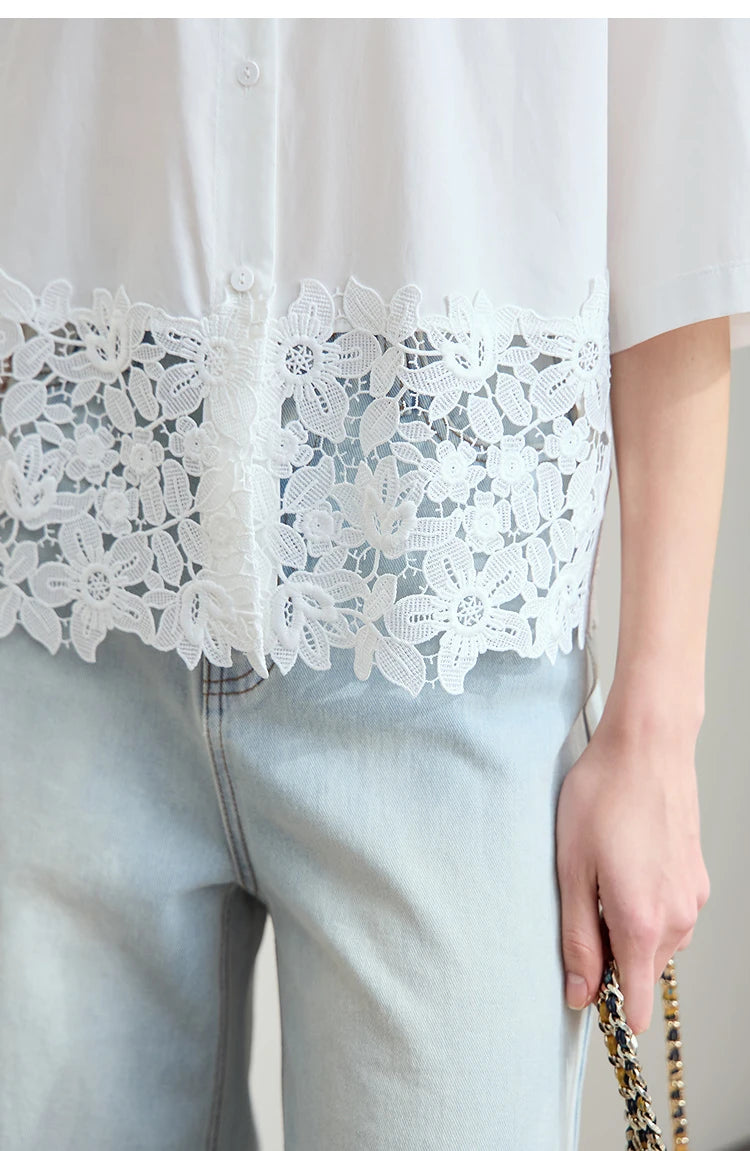 Damen Kurzarm Shirt mit drehbarem Kragen und solider Aushöhlung