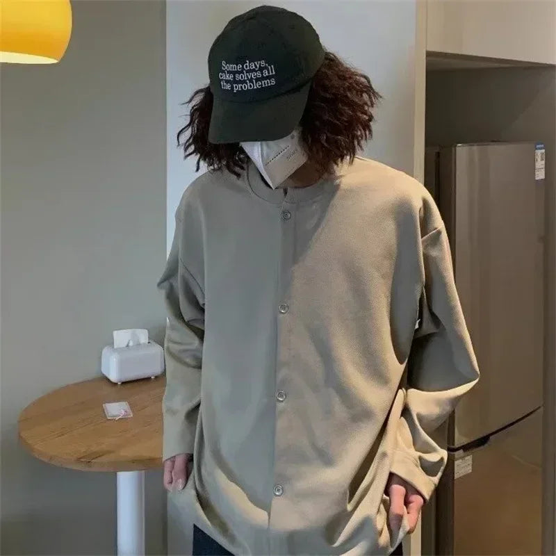 Herbst Vintage gefälschte zweiteilige Sweatshirts für Männer einfarbige Henley Neck Button Jacken koreanische Mode lose y2k Sudaderas