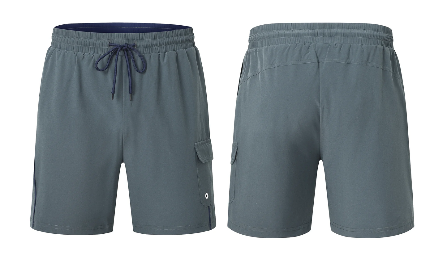 Sommerliche Herren-Badeshorts mit Camouflage-Streifen, schnelltrocknend, mit Reißverschlusstaschen und Mesh-Futter – ideal für Strand und Surfen.