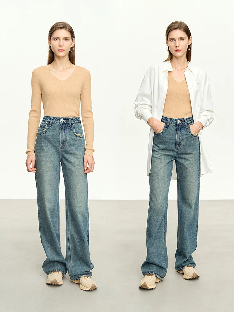 Damen Baggy Jeans im Retro-Stil mit Taschen für das Büro