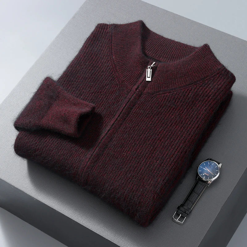 Pullover aus 100 % reinem Nerz-Kaschmir für Herren, Stehkragen, verdickte Strickjacke, Herbst/Winter, warm, lässig, gestrickt, große Oberteile mit Reißverschluss