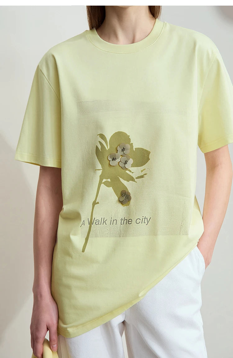 Damen T-Shirt mit minimalistischem O-Ausschnitt und Pailletten-Verzierung