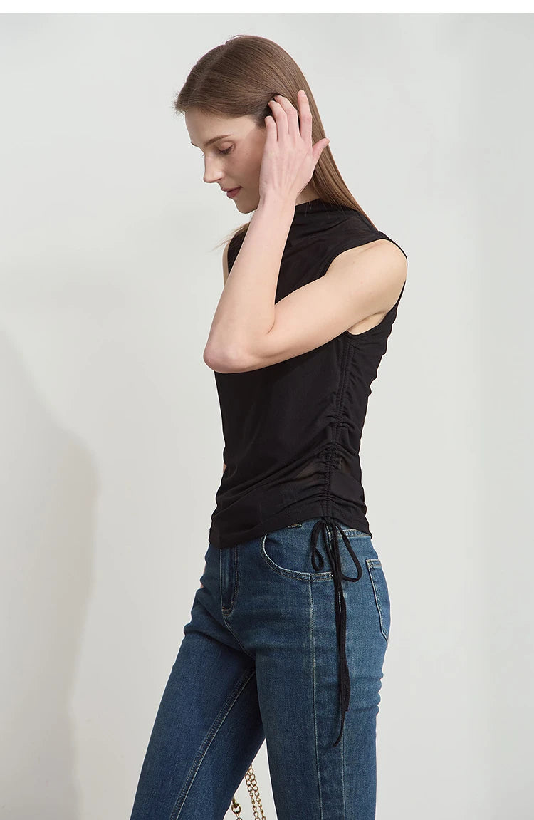 Damen T-Shirts im Sommer-Stil mit solidem ärmellosem Rollkragen für Büro